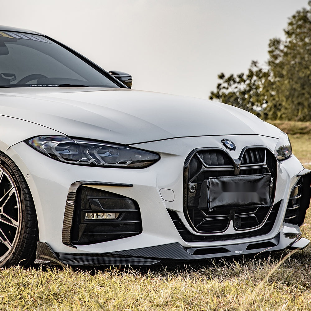BMW 4 Series G22 Prepreg Carbon Fibre Front Lip - aggressive twin air inlet design with corner blade accents