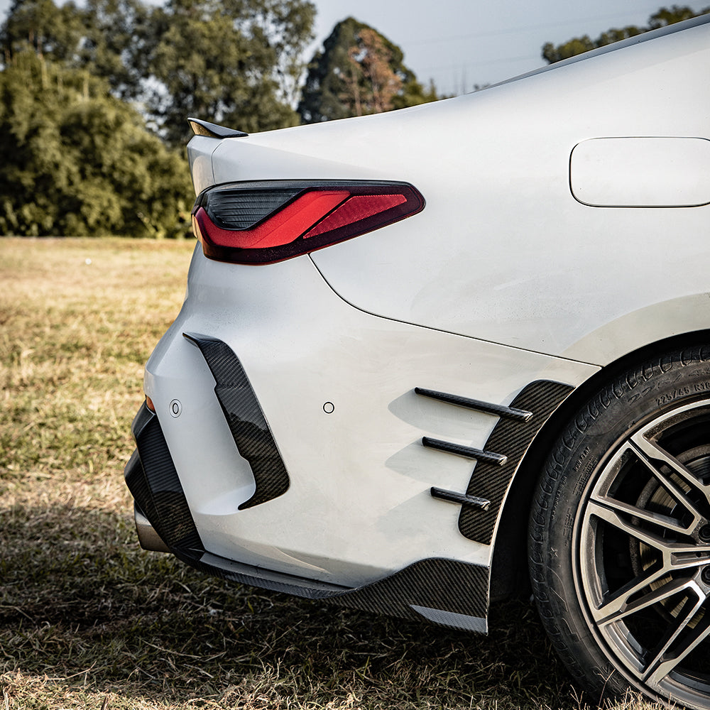 BMW 4 Series G22 Prepreg Carbon Fibre Rear Arch Trims - triple-louver design aggressive styling upgrade