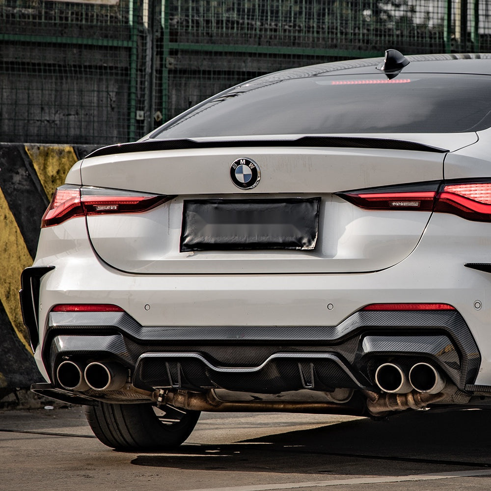 BMW 4 Series G22 Prepreg Carbon Fibre Rear Diffuser - aggressive multi-layer design with blade accents