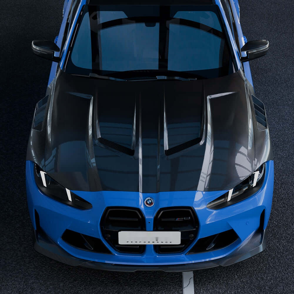BMW M3 G80 M4 G82 Prepreg Carbon Fibre Vented Bonnet with shark fin vents - track-focused upgrade