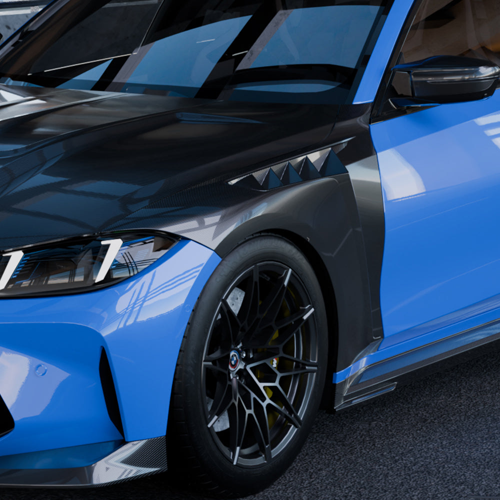 BMW M3 G80 Prepreg Carbon Fibre Side Fenders with shark fin air vents - lightweight track upgrade