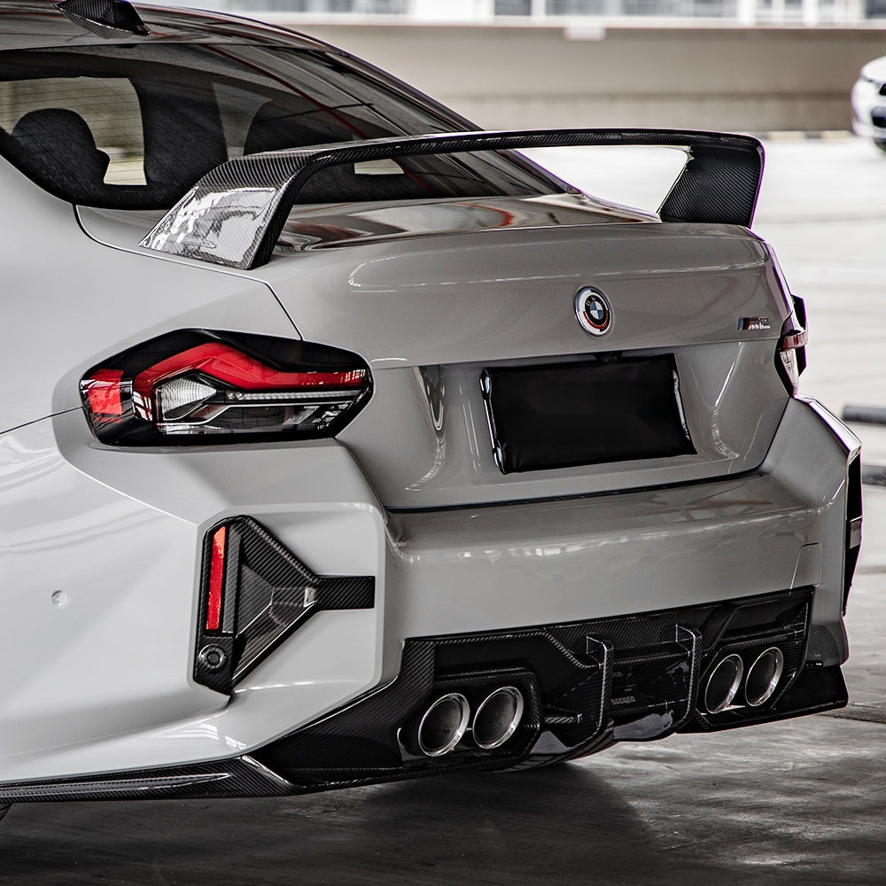 BMW M2 G87 Prepreg Carbon Fibre Rear Diffuser V1 - aggressive angular design with gloss finish