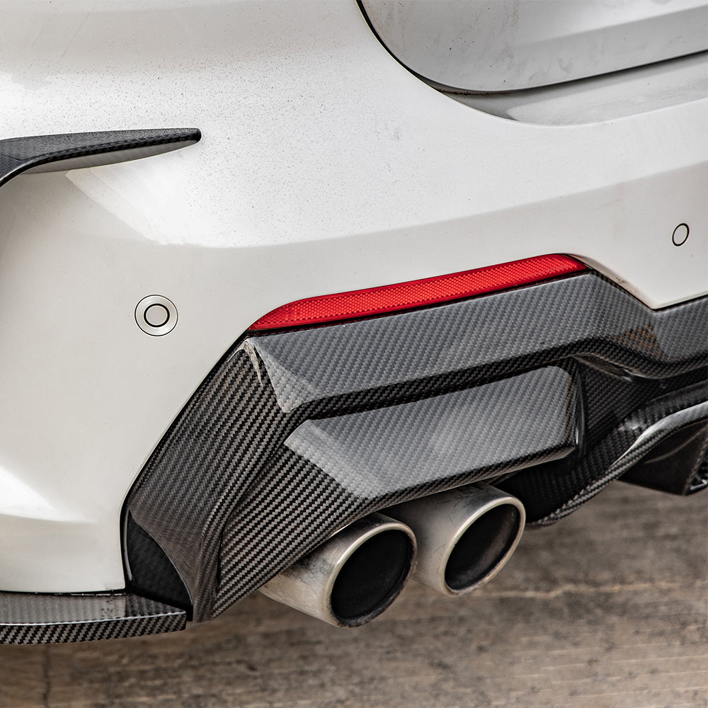 BMW 4 Series G22 Prepreg Carbon Fibre Rear Diffuser - aggressive multi-layer design with blade accents