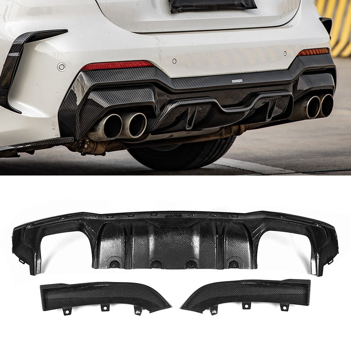 BMW 4 Series G22 Prepreg Carbon Fibre Rear Diffuser - aggressive multi-layer design with blade accents