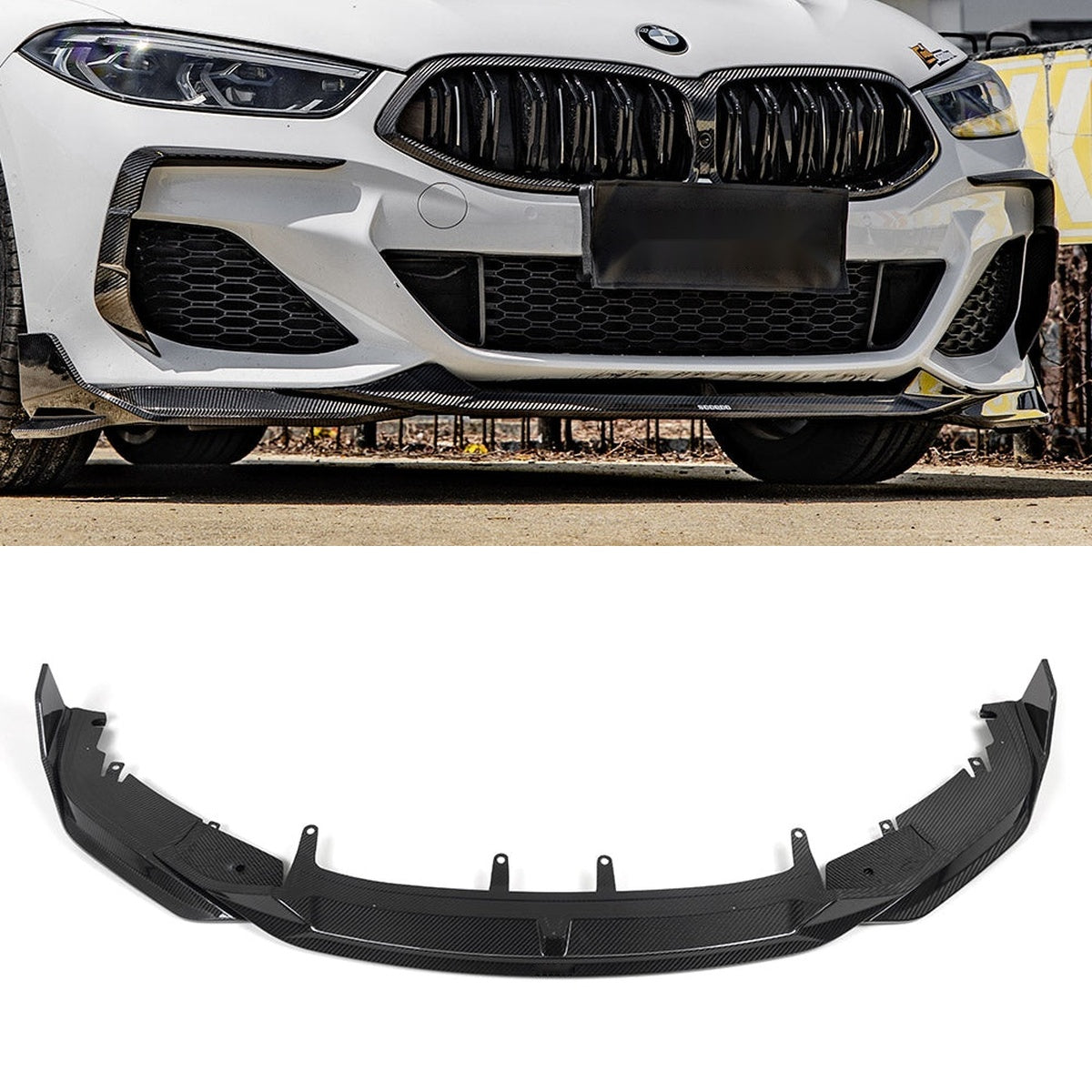 BMW 8 Series G16 Prepreg Carbon Fibre Front Lip with dual side winglets - aggressive aero upgrade