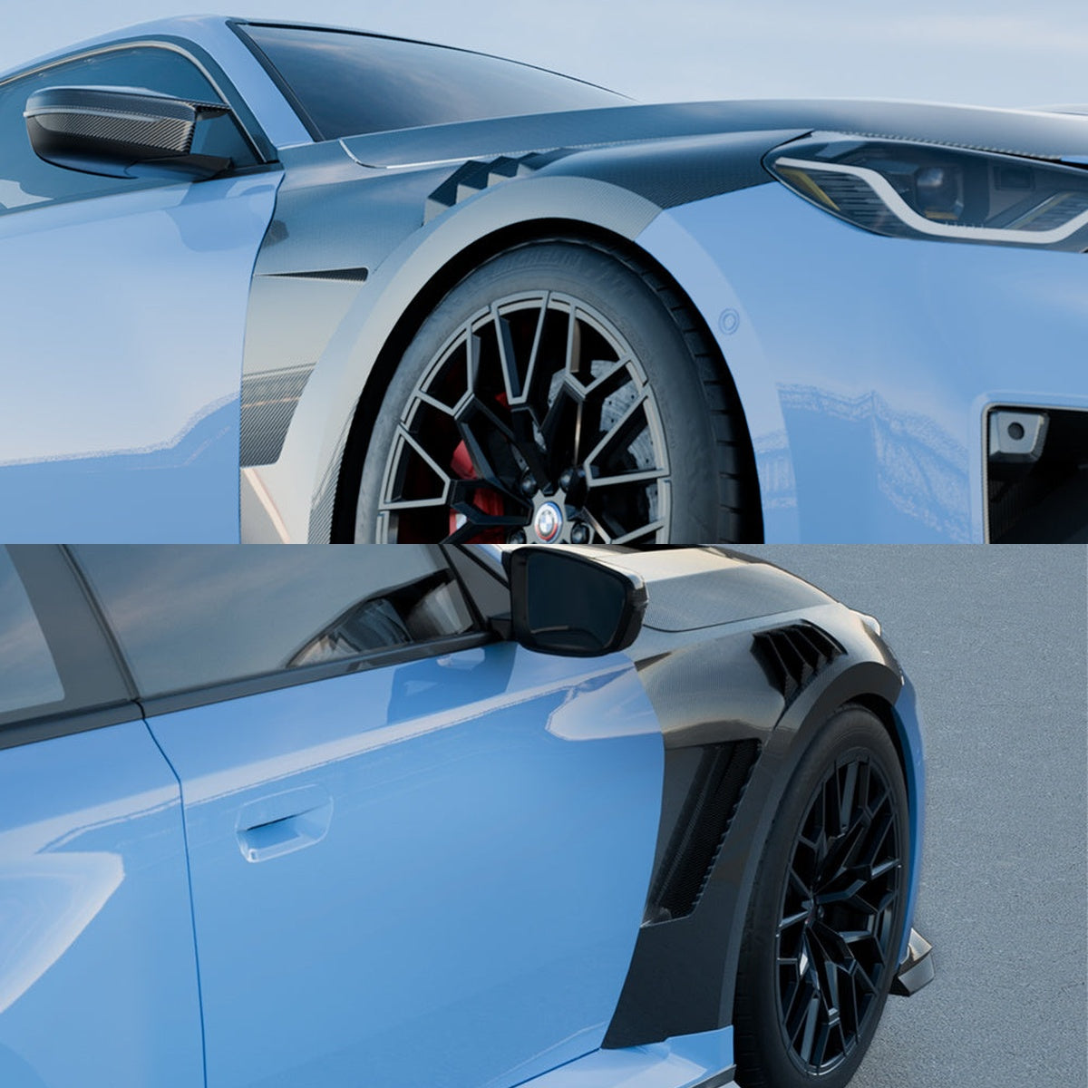 BMW M2 G87 Prepreg Carbon Fibre Side Fenders with shark fin air vents - OEM fitment upgrade