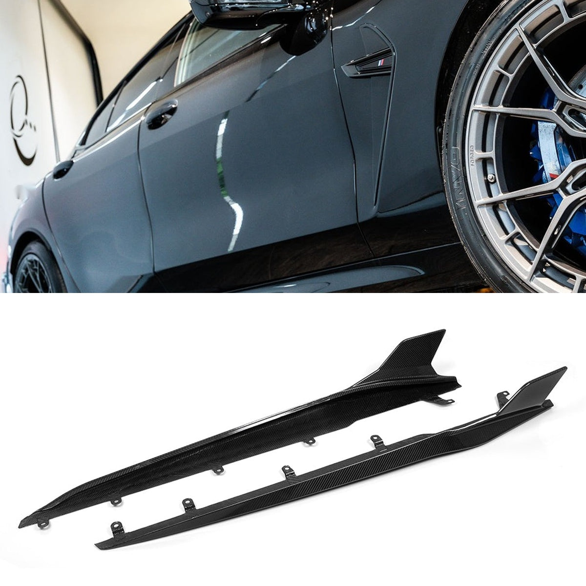 BMW M8 F93 Prepreg Carbon Fibre Side Skirts - aggressive blade accent, OEM fitment