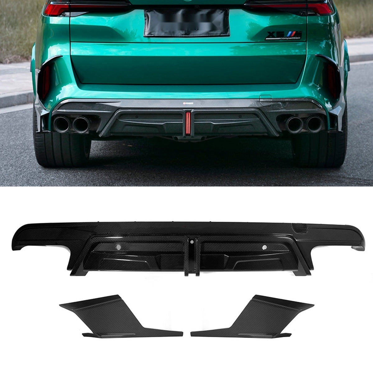 BMW X5M F95 Prepreg Carbon Fibre Rear Diffuser with Integrated Brake Light - aggressive aerodynamic upgrade