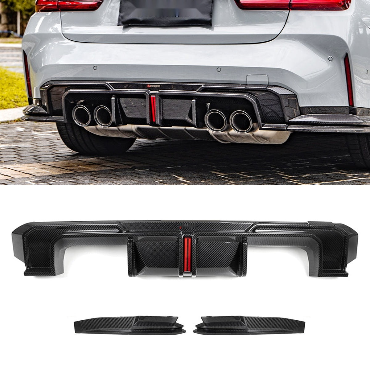 BMW M3 G80 Prepreg Carbon Fibre Rear Diffuser with Integrated Brake Light - aggressive rear aero upgrade