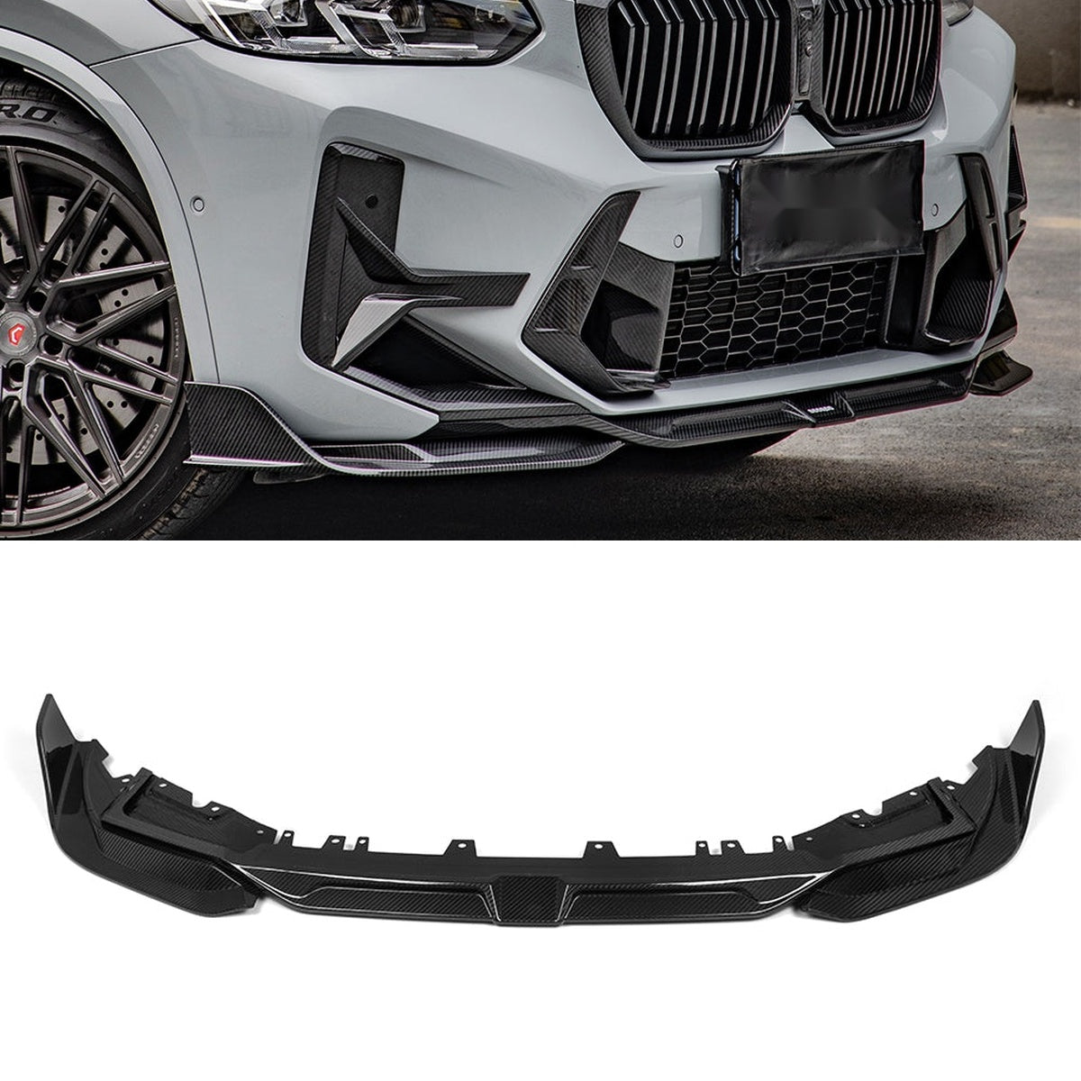 BMW X3M F97 LCI Prepreg Carbon Fibre Front Lip with dual side winglets - precision 3D scanned fitment